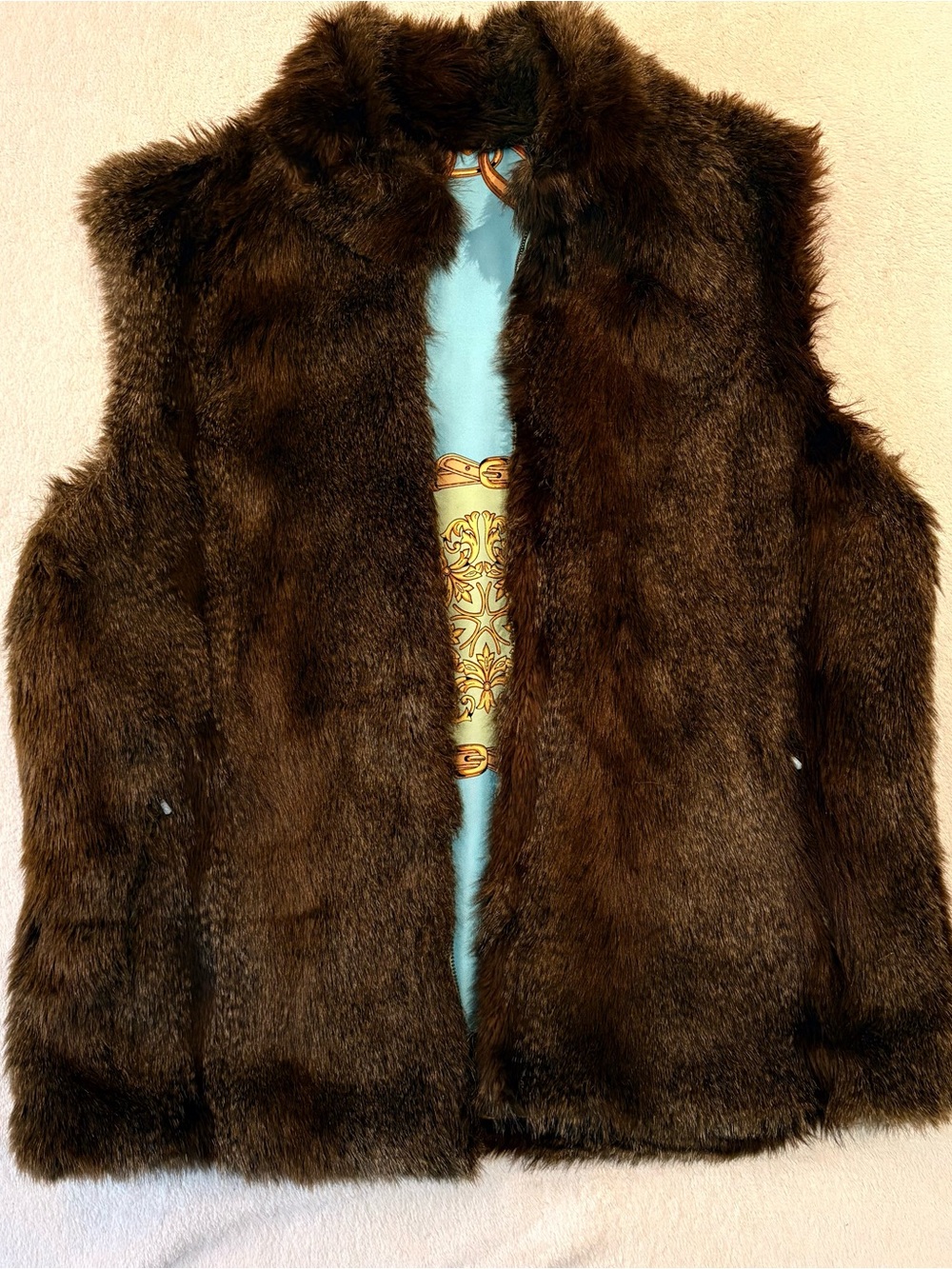 J. McLaughlin Reversible Dark Brown Faux Fur/Scarf Print Vest Sz M